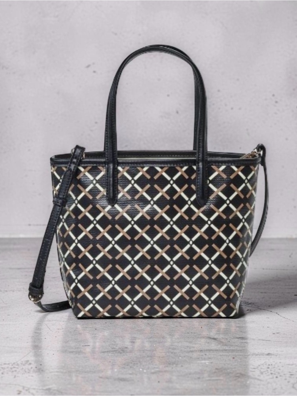 A New Day mini tote bag - Geometric, lattice pattern - Black, Cream & Tan